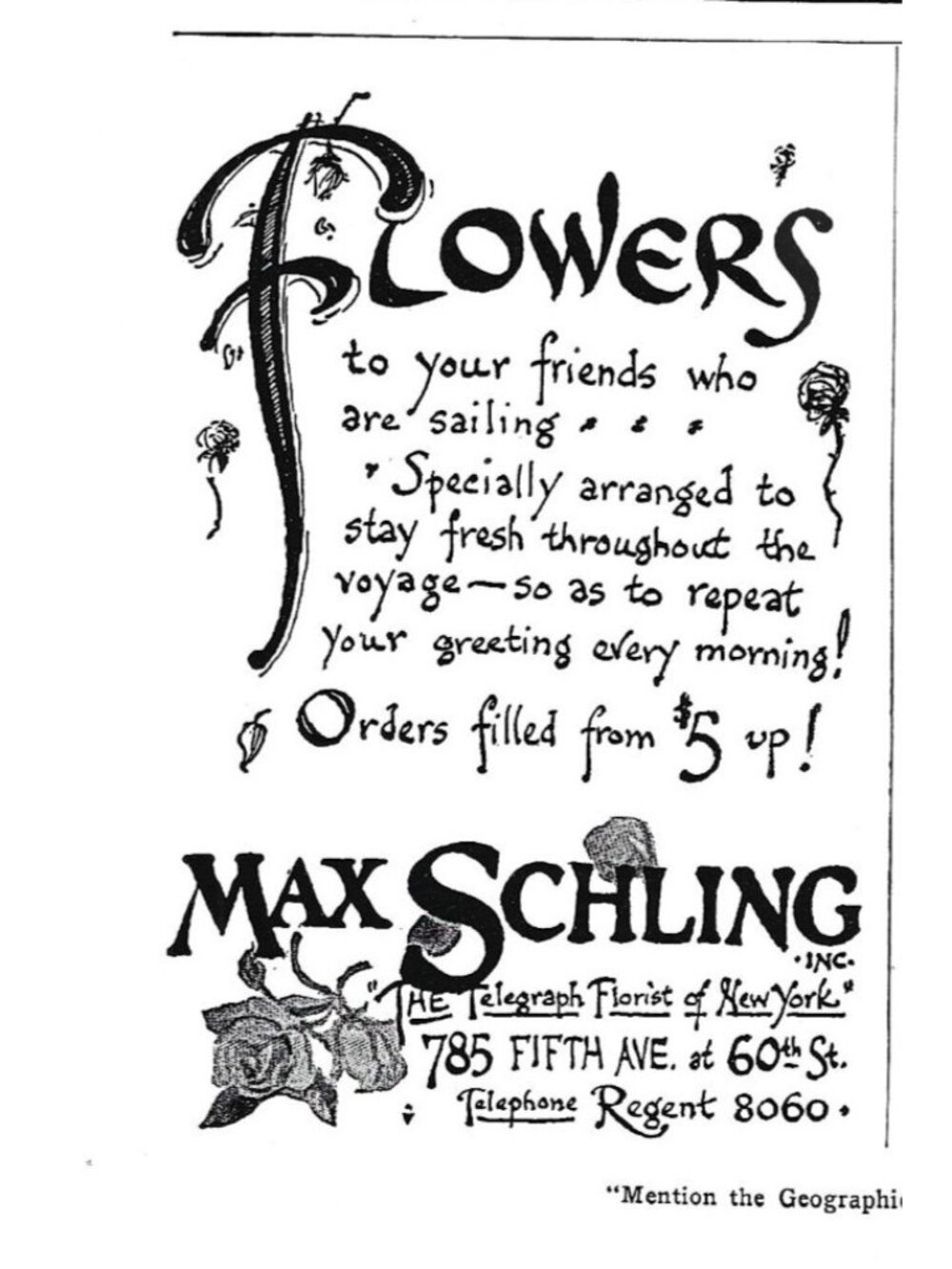 Print Ad Max Schling Florist New York City Flowers Vintage 1920s NYC